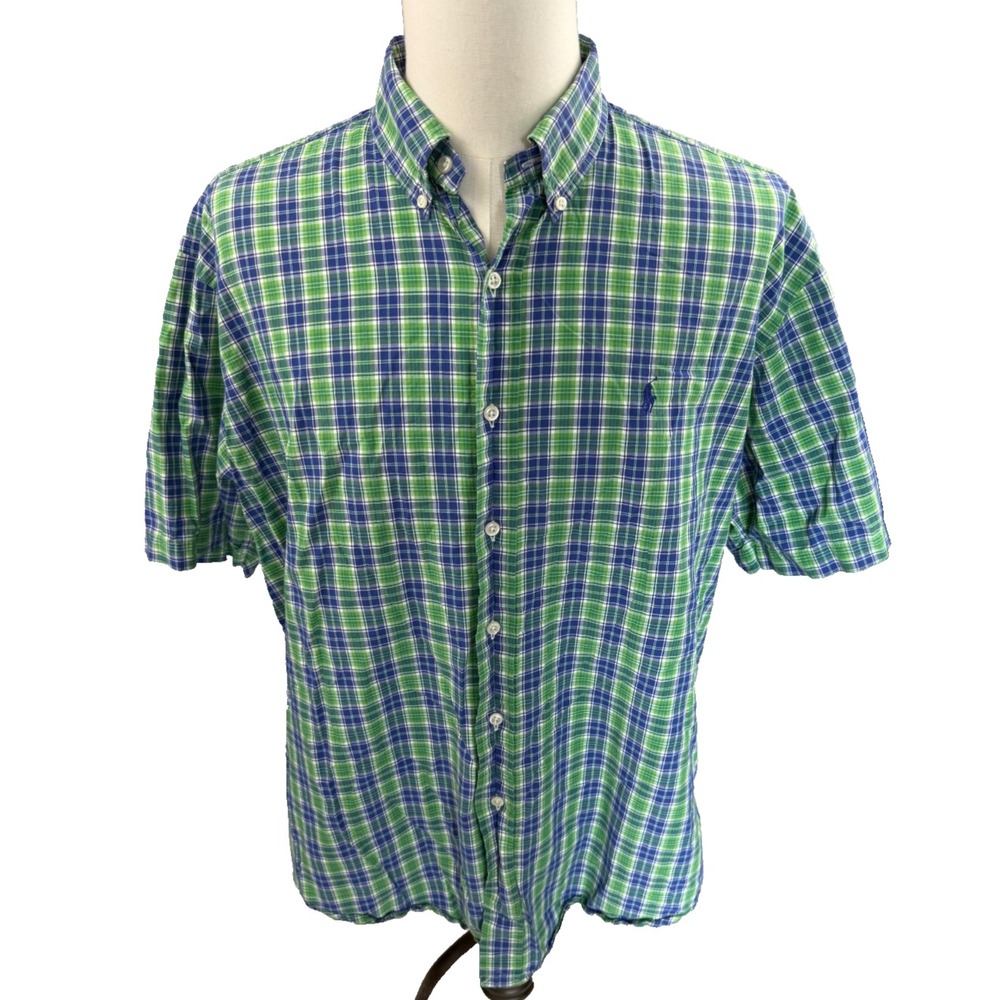 Ralph Lauren Blake Short Sleeve Plaid Button Down‎ Shirt Green Mens XLarge